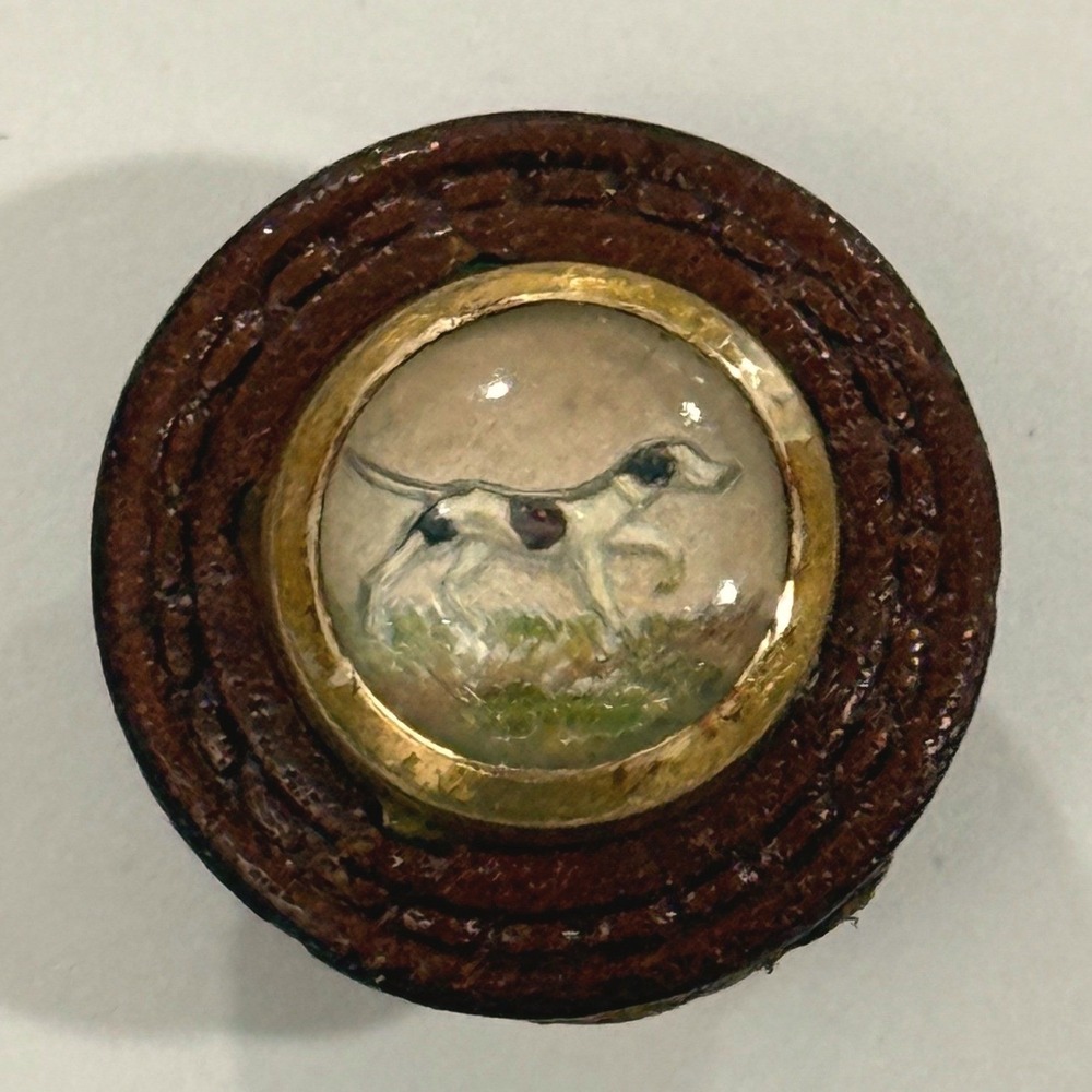 Antique Essex Crystal Handpainted Pointer Dog Button Victorian 10k GF? J28